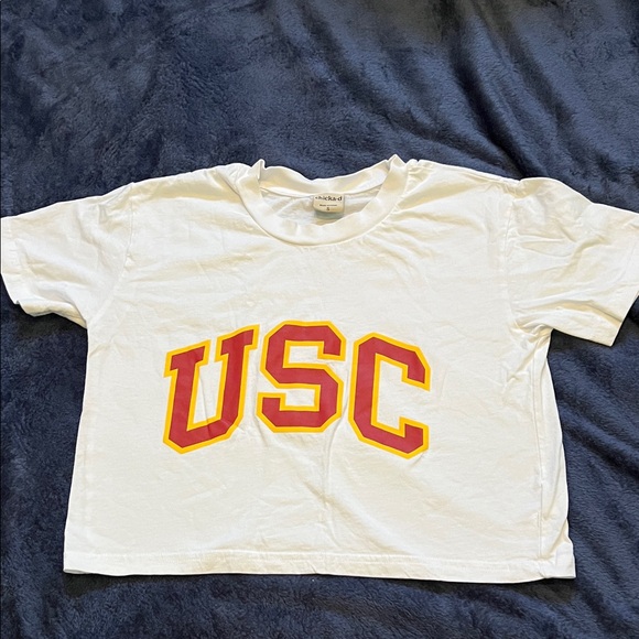 Chicka-D Tops - White USC Graphic Crop Top Ladies T-Shirt (Ladies S)